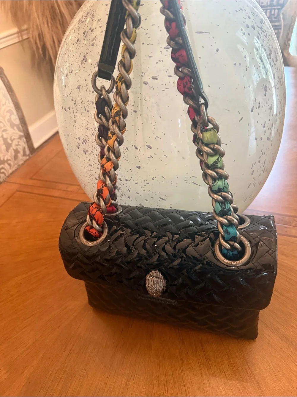 Kurt Geiger Black Quilted Patent Shoulder Bag with Multicolor Chain - Picture 5 of 6